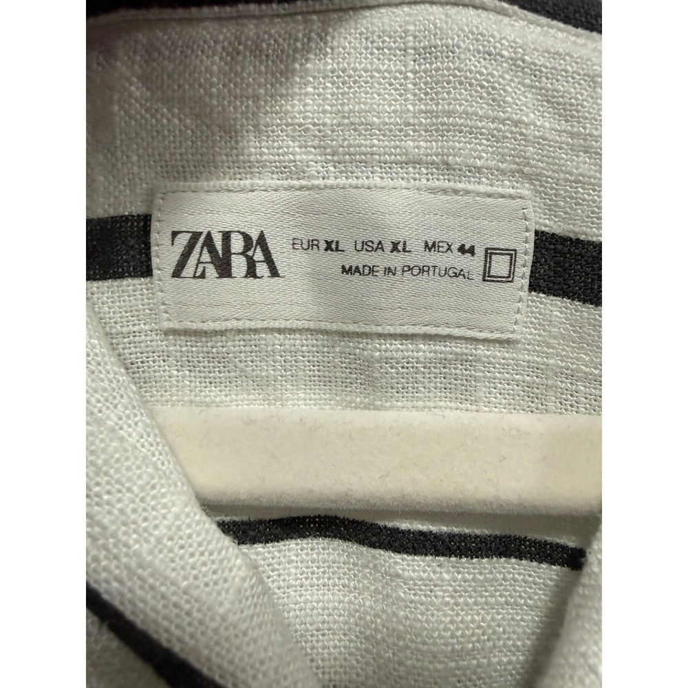 Zara Man XL White Black Vertical Stripe Linen Blend Short Sleeve Camp Shirt - Picture 4 of 16
